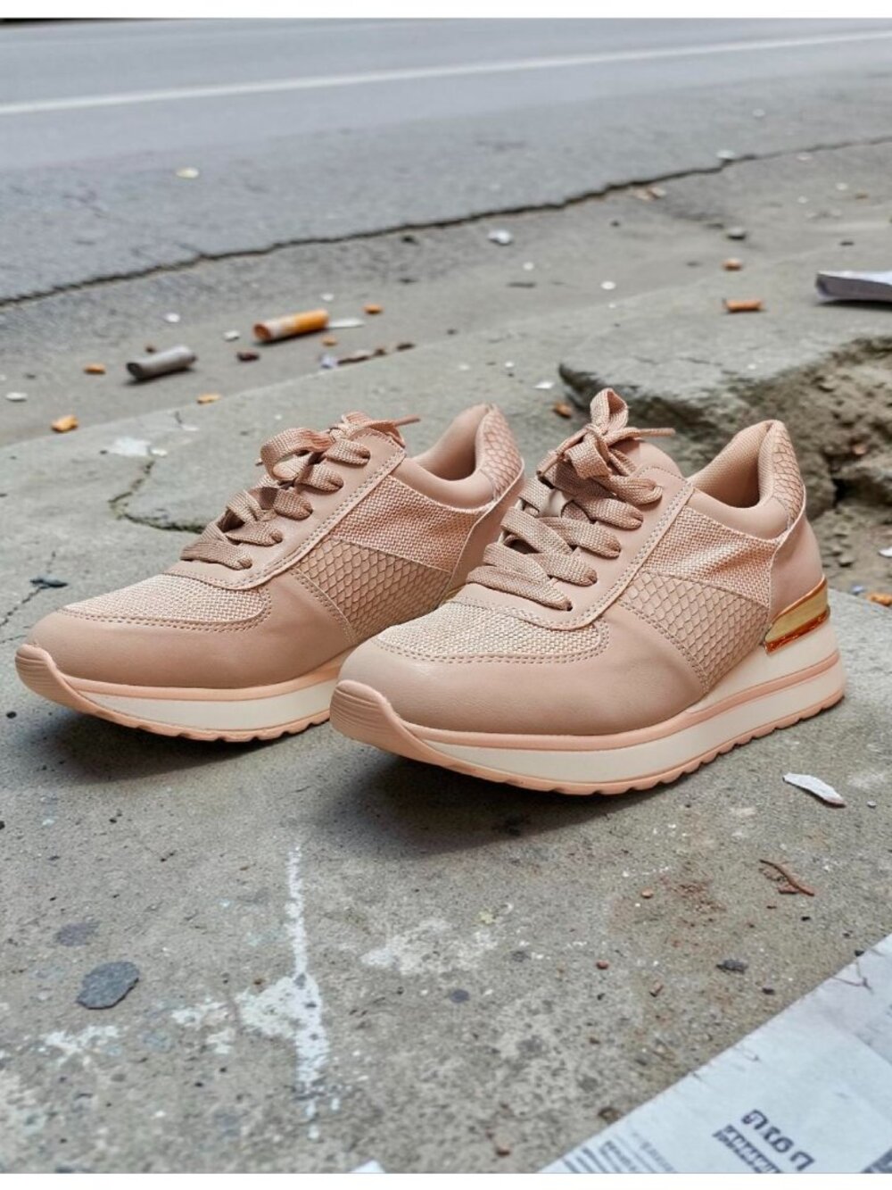 Blush Pink Womens Sneakers With Mesh Paneling & Gold Heel Accent - Picture 11 of 14